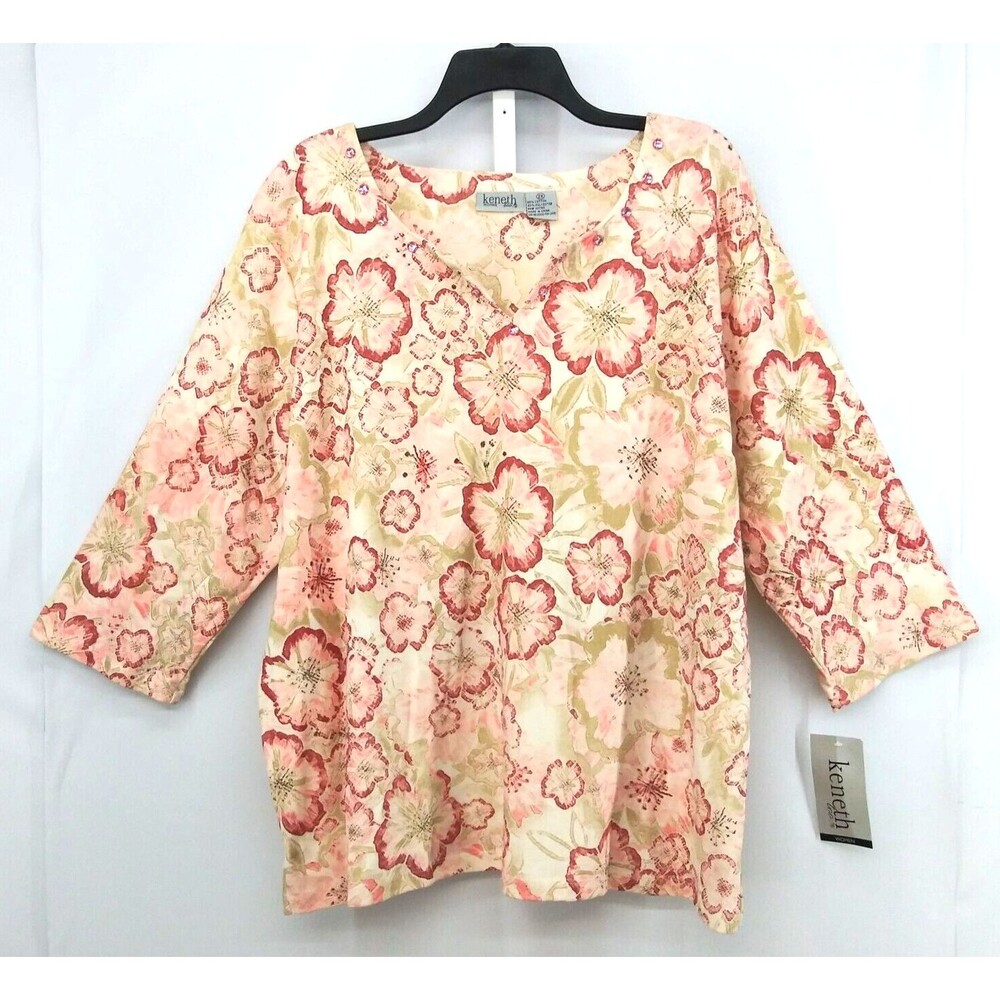 Keneth Too! Shirt Womens Size 2X Pink Floral Beaded Pullover Blouse Top